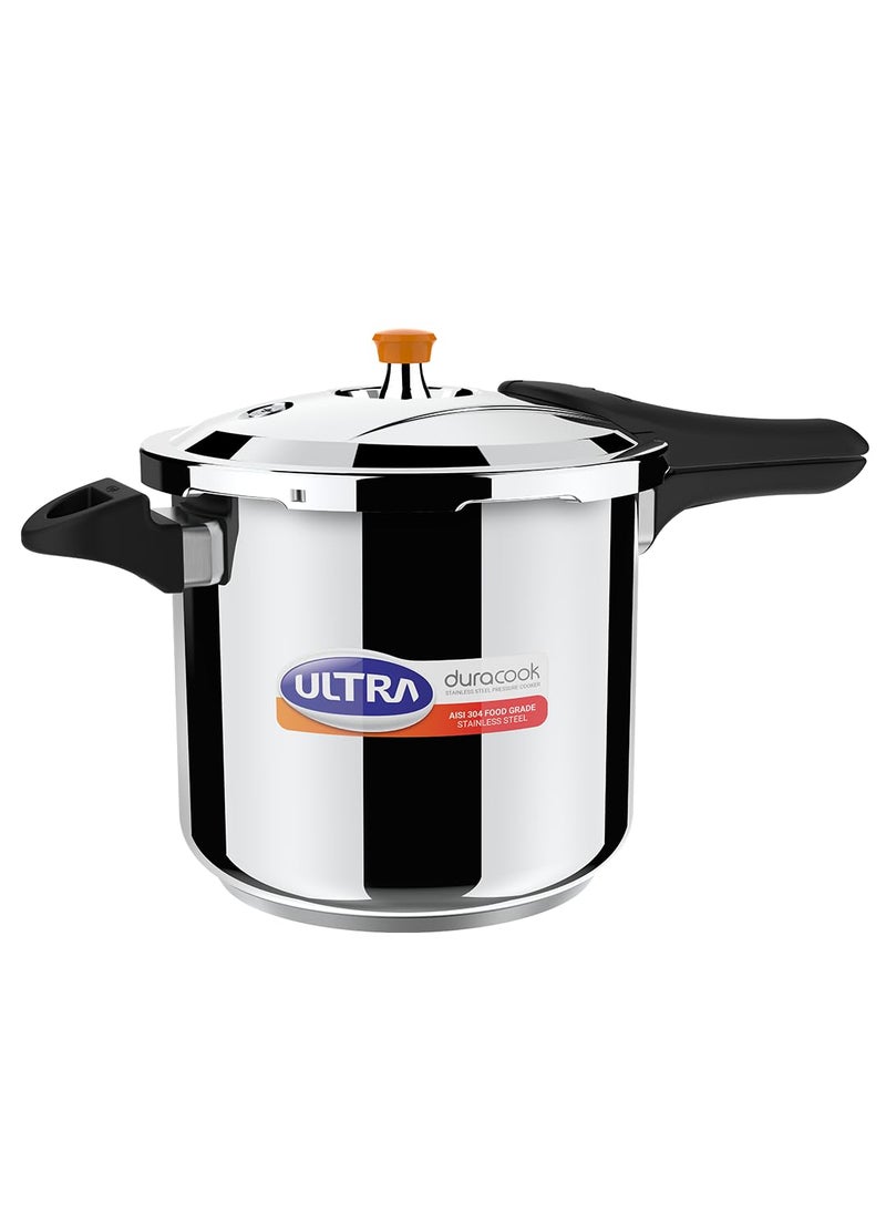 Ultra Duracook Pressure Cooker 8 Litre AISI 304 Food Grade Stainless Steel Cooker 10 Years Warranty High Impact 3Layer Composite Base Injection Moulded Handles Induction Compatible Base