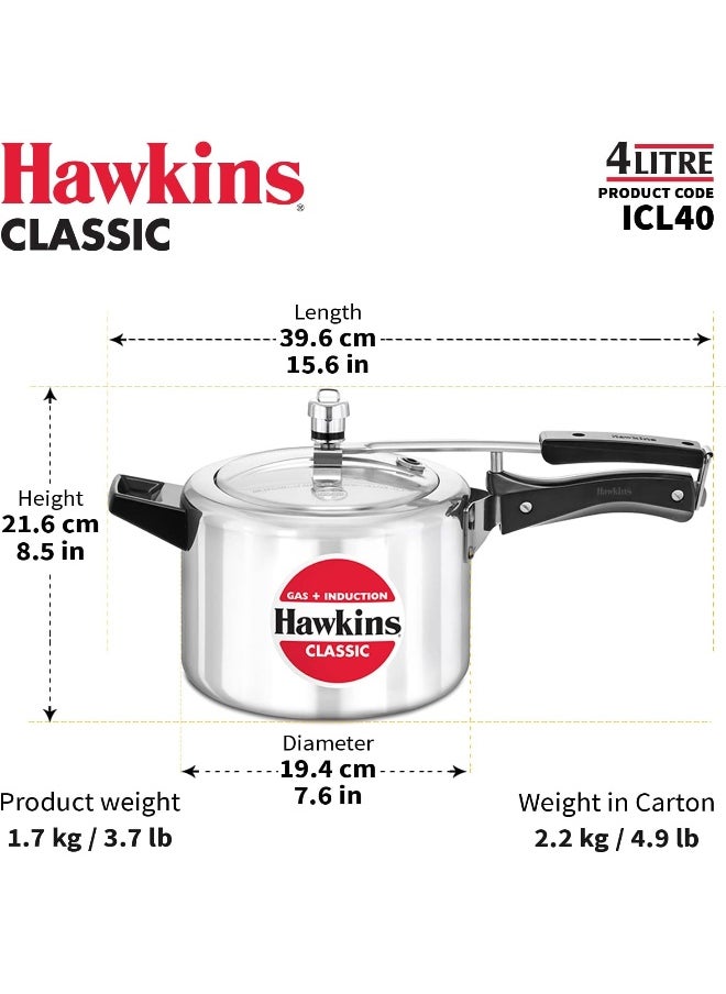 4 Liters Classic Aluminium Pressure Cooker With Inner Lid,Induction Compatible,Silver