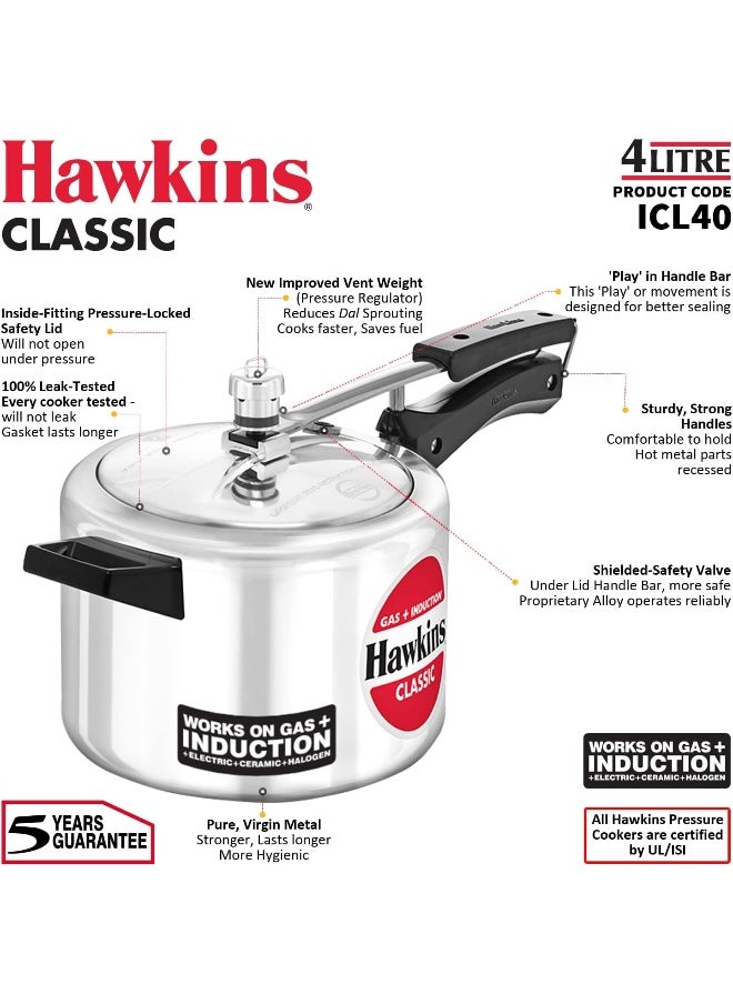 4 Liters Classic Aluminium Pressure Cooker With Inner Lid,Induction Compatible,Silver