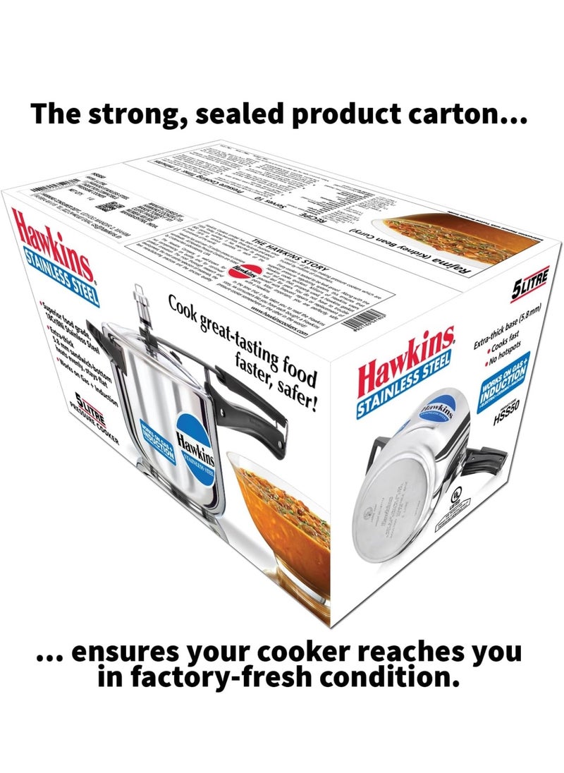 Hawkins 5 Litre Pressure Cooker, Stainless Steel Inner Lid Cooker, Induction Cooker, Silver (HSS50), 5 Liter