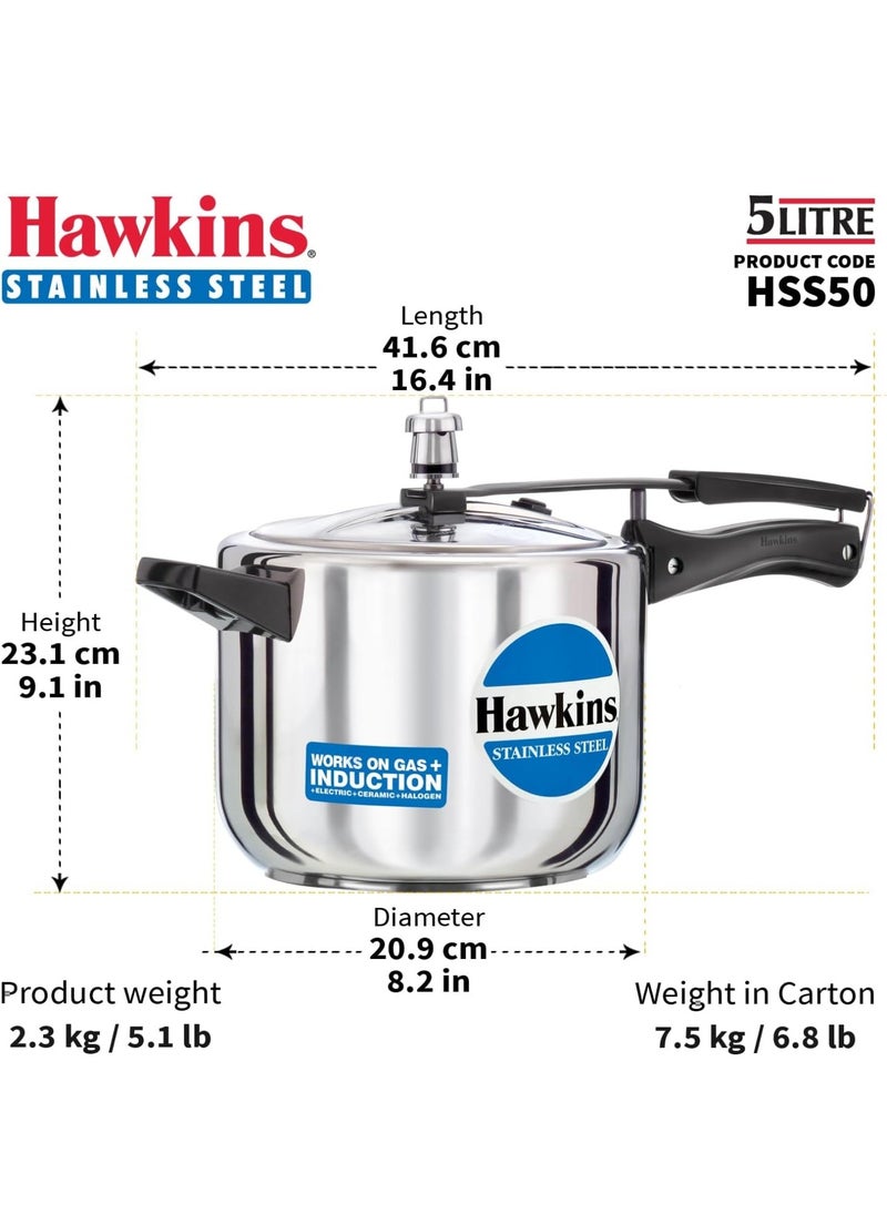 Hawkins 5 Litre Pressure Cooker, Stainless Steel Inner Lid Cooker, Induction Cooker, Silver (HSS50), 5 Liter