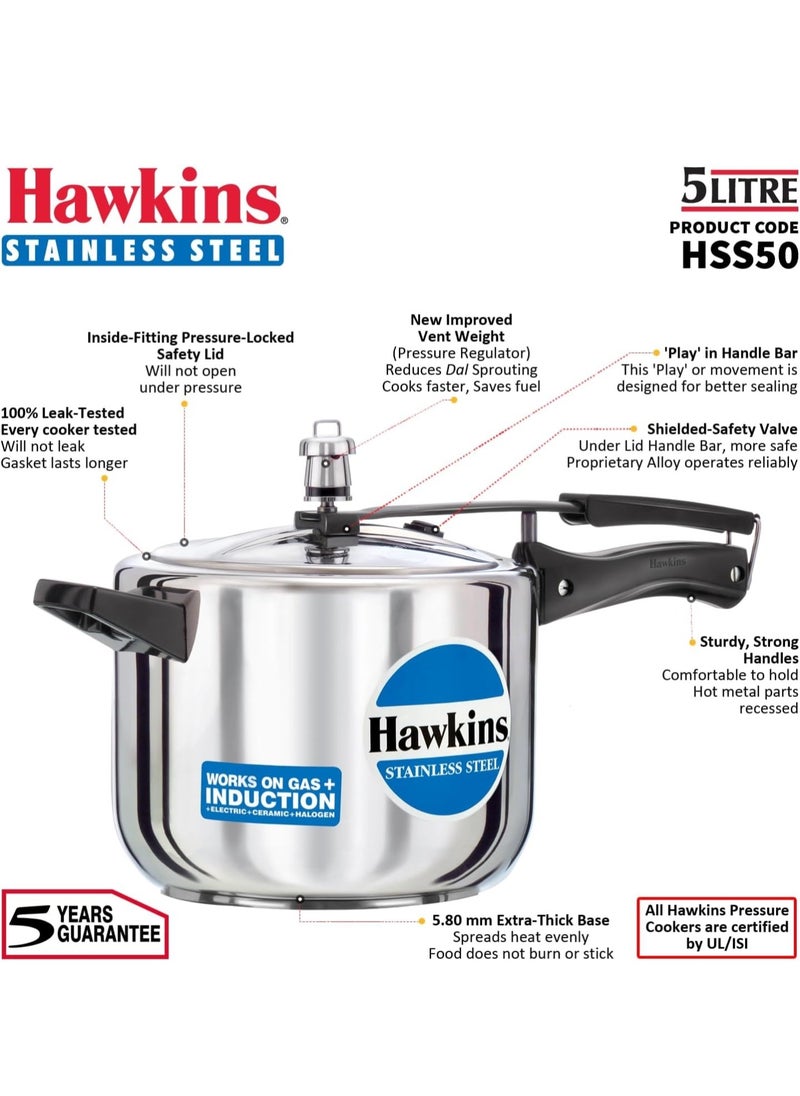 Hawkins 5 Litre Pressure Cooker, Stainless Steel Inner Lid Cooker, Induction Cooker, Silver (HSS50), 5 Liter