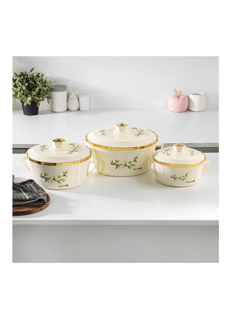 Royalford Terrabella Insulated Hot Pot Set of 3- RF12573/ Casserole Stainless Steel Inner, PP Body, Double Wall Construction/ Comes in 1000ml, 1825ml and 3200ml Sizes/ Hot and Cold Food-Safe
