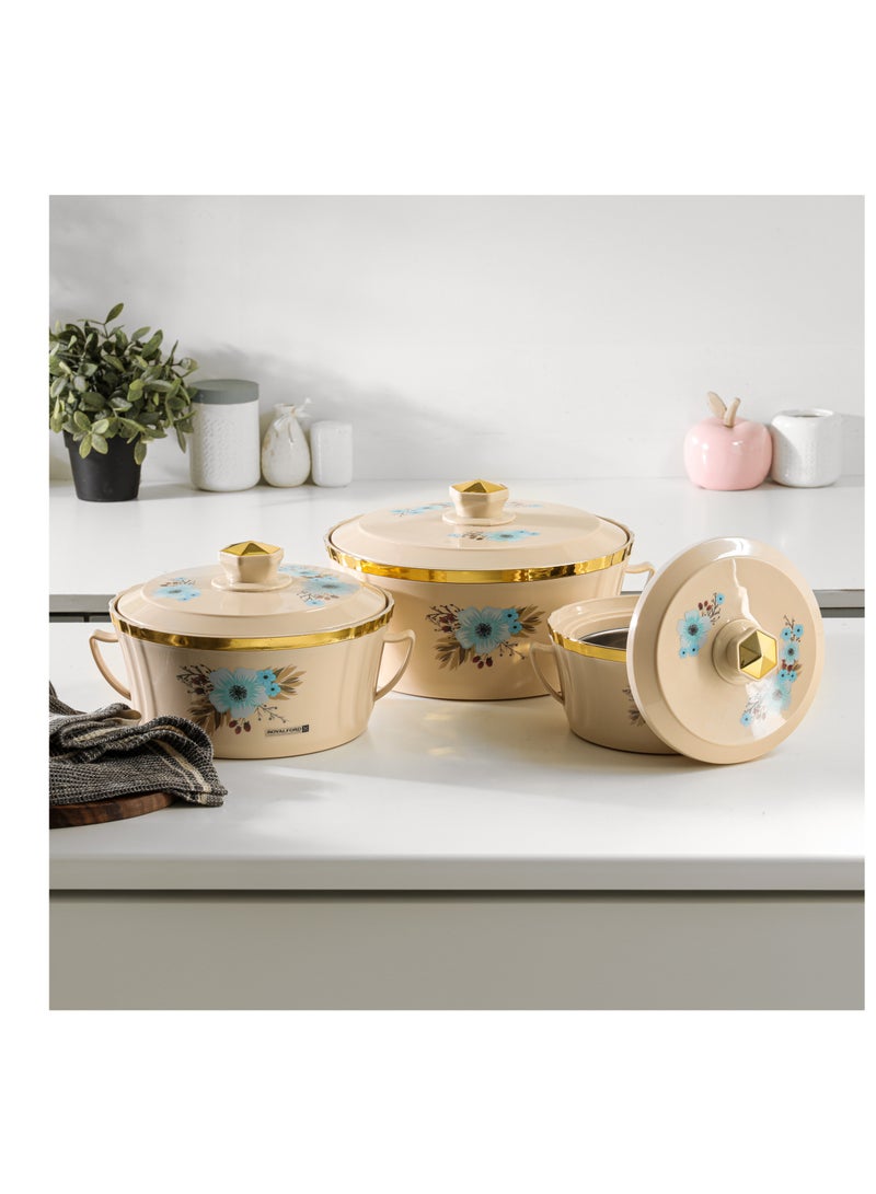 Royalford Terrabella Insulated Hot Pot Set of 3- RF12573/ Casserole Stainless Steel Inner, PP Body, Double Wall Construction/ Comes in 1000ml, 1825ml and 3200ml Sizes/ Hot and Cold Food-Safe