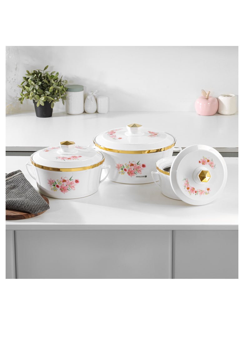 Royalford Terrabella Insulated Hot Pot Set of 3- RF12573/ Casserole Stainless Steel Inner, PP Body, Double Wall Construction/ Comes in 1000ml, 1825ml and 3200ml Sizes/ Hot and Cold Food-Safe