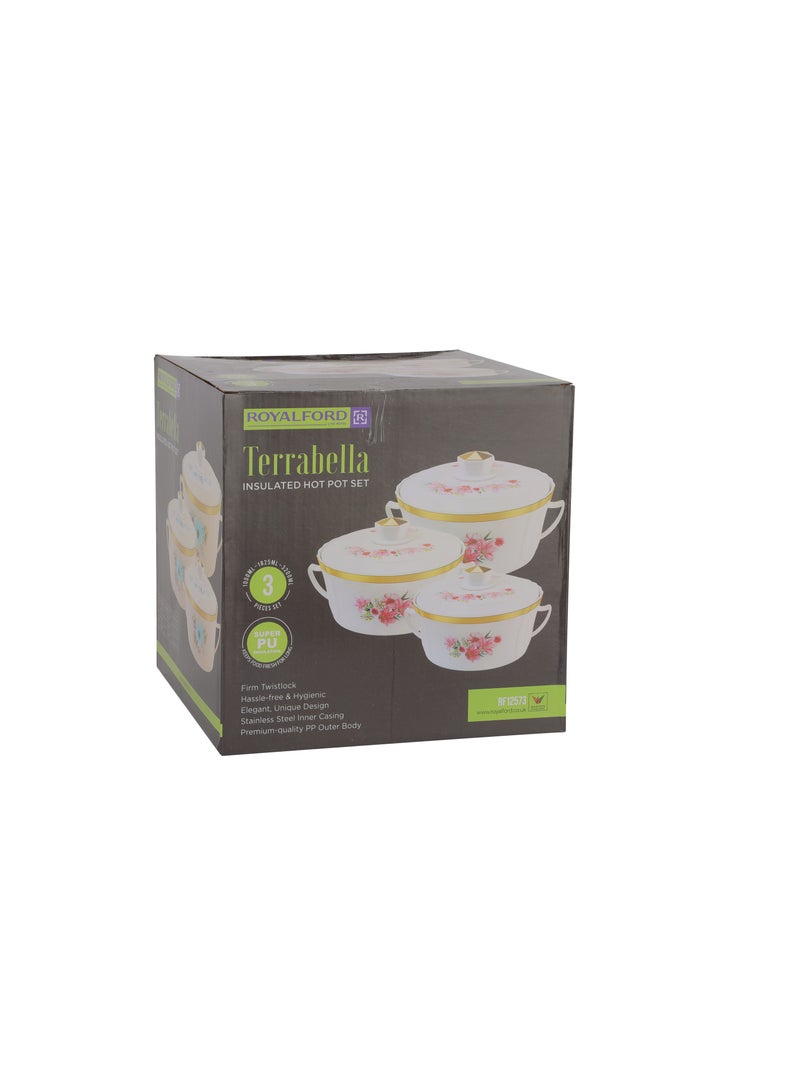 Royalford Terrabella Insulated Hot Pot Set of 3- RF12573/ Casserole Stainless Steel Inner, PP Body, Double Wall Construction/ Comes in 1000ml, 1825ml and 3200ml Sizes/ Hot and Cold Food-Safe