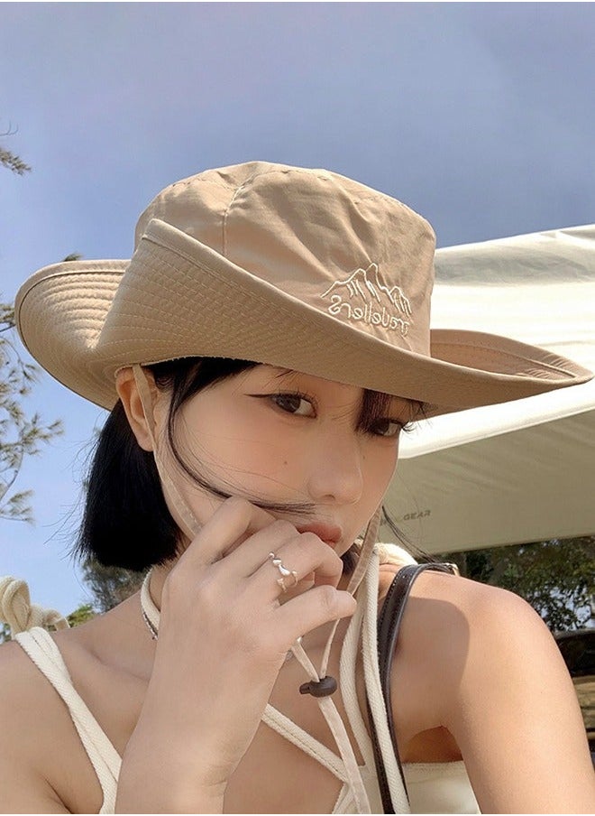 Women Spring Autumn Wide Brim Sun Protection Fishing Cap Outdoor Camping Adventure Quick Dry Breathable Bucket Hat Cowboy Khaki