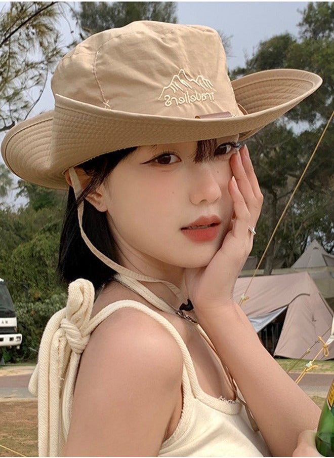 Women Spring Autumn Wide Brim Sun Protection Fishing Cap Outdoor Camping Adventure Quick Dry Breathable Bucket Hat Cowboy Khaki