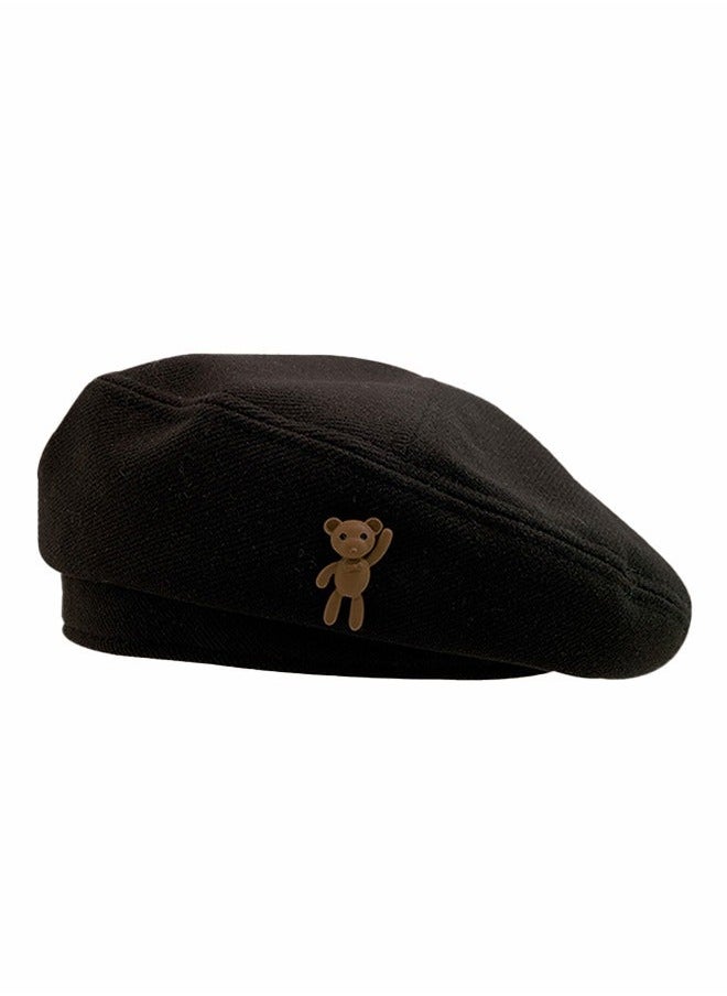 French Style Lovely Bear Design Autumn Winter Windproof Beret Cap Outdoor Warm Hat for Women Girls Black One Size