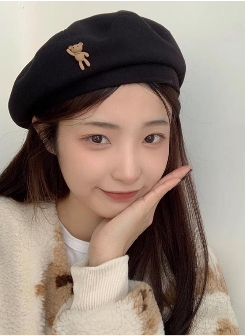 French Style Lovely Bear Design Autumn Winter Windproof Beret Cap Outdoor Warm Hat for Women Girls Black One Size