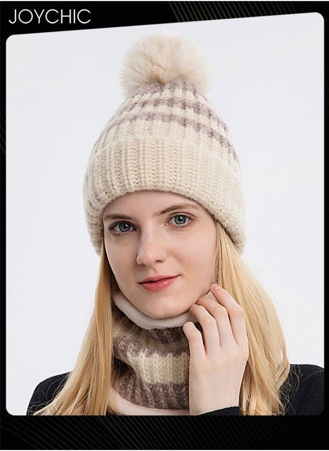 2-piece Winter Brimless Hat Scarf Set Thick Warm Knitted Plush Neck Windproof Suitable for Women Outdoor Sports