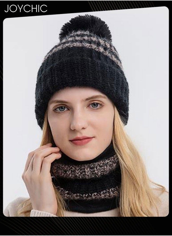 2-piece Winter Brimless Hat Scarf Set Thick Warm Knitted Plush Neck Windproof Suitable for Women Outdoor Sports Black