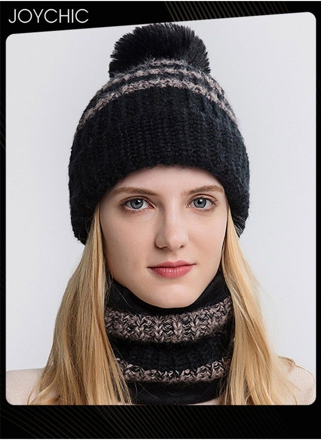 2-piece Winter Brimless Hat Scarf Set Thick Warm Knitted Plush Neck Windproof Suitable for Women Outdoor Sports Black