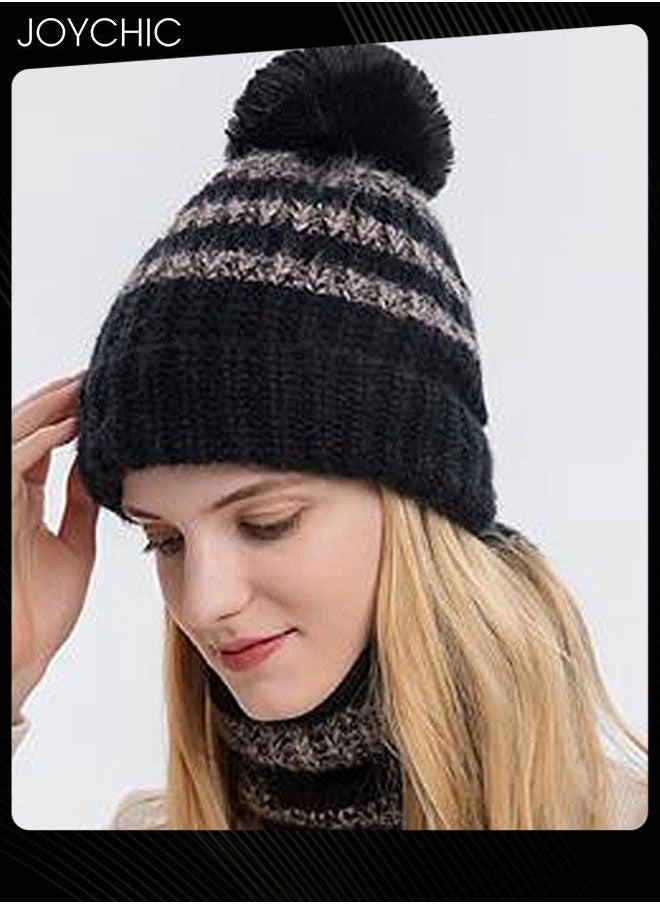 2-piece Winter Brimless Hat Scarf Set Thick Warm Knitted Plush Neck Windproof Suitable for Women Outdoor Sports Black