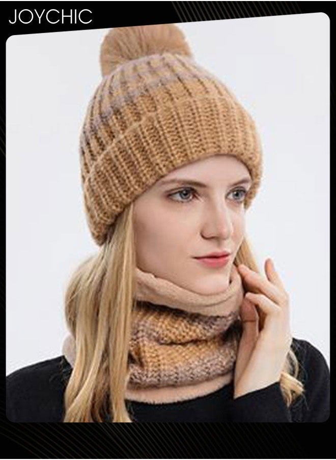 2-piece Winter Brimless Hat Scarf Set Thick Warm Knitted Plush Neck Windproof Suitable for Women Outdoor Sports