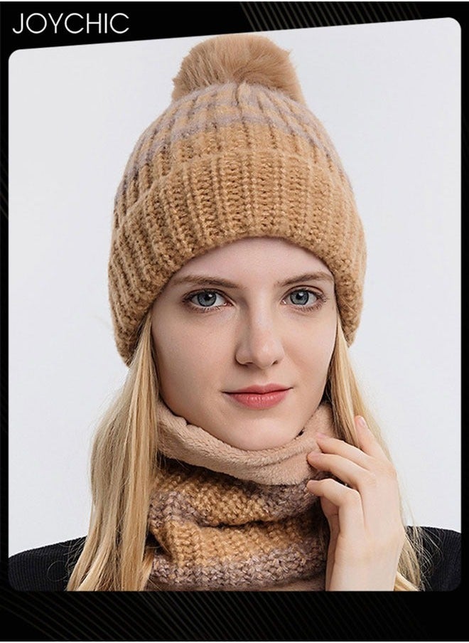2-piece Winter Brimless Hat Scarf Set Thick Warm Knitted Plush Neck Windproof Suitable for Women Outdoor Sports