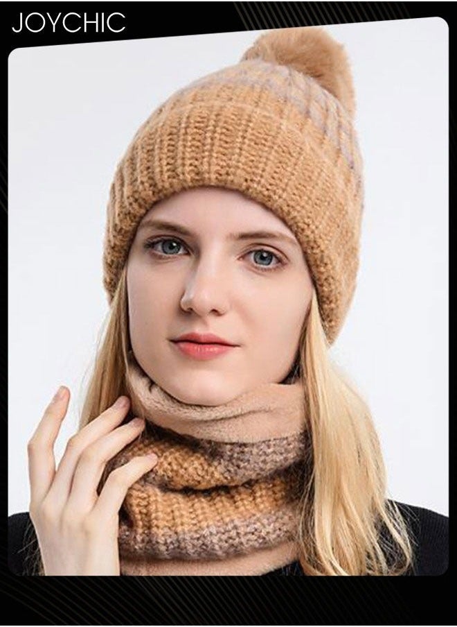 2-piece Winter Brimless Hat Scarf Set Thick Warm Knitted Plush Neck Windproof Suitable for Women Outdoor Sports