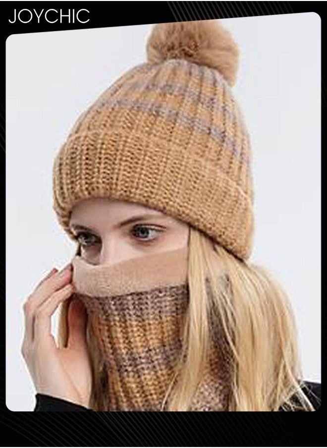 2-piece Winter Brimless Hat Scarf Set Thick Warm Knitted Plush Neck Windproof Suitable for Women Outdoor Sports