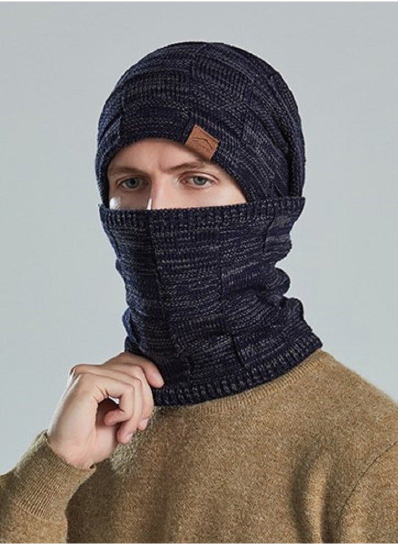 2pcs Women Mens Winter Beanie Hats Scarf Set Warm Knit Skull Cap Neck Warmer with Thick Fleece Lined Outdoor Sports Hat Sets Navy Blue