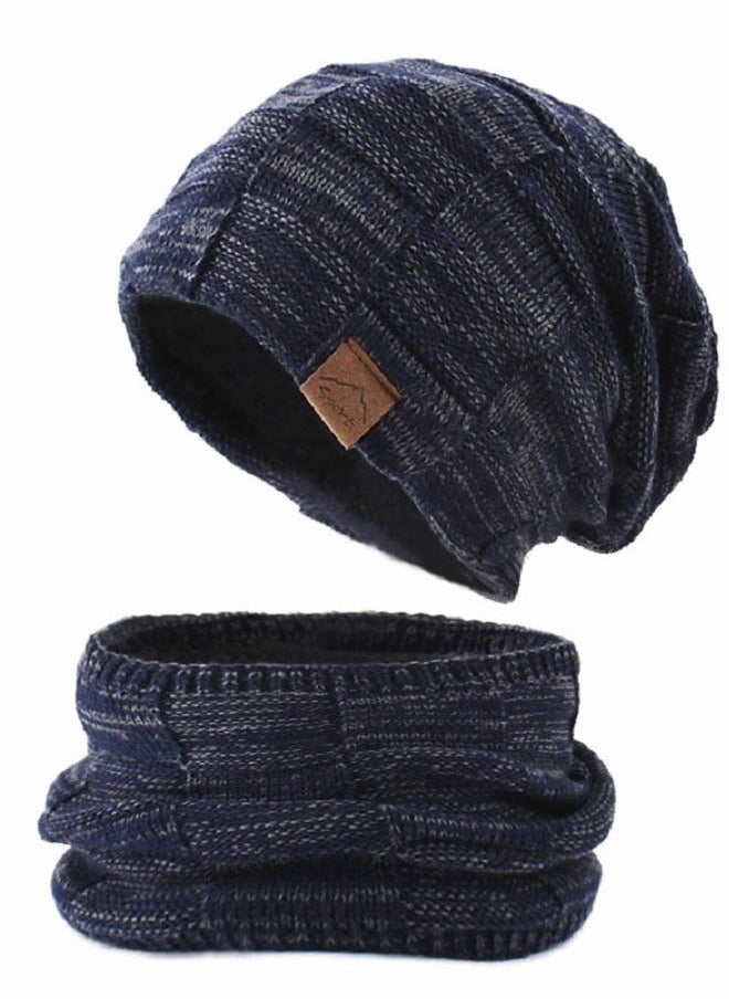 2pcs Women Mens Winter Beanie Hats Scarf Set Warm Knit Skull Cap Neck Warmer with Thick Fleece Lined Outdoor Sports Hat Sets Navy Blue