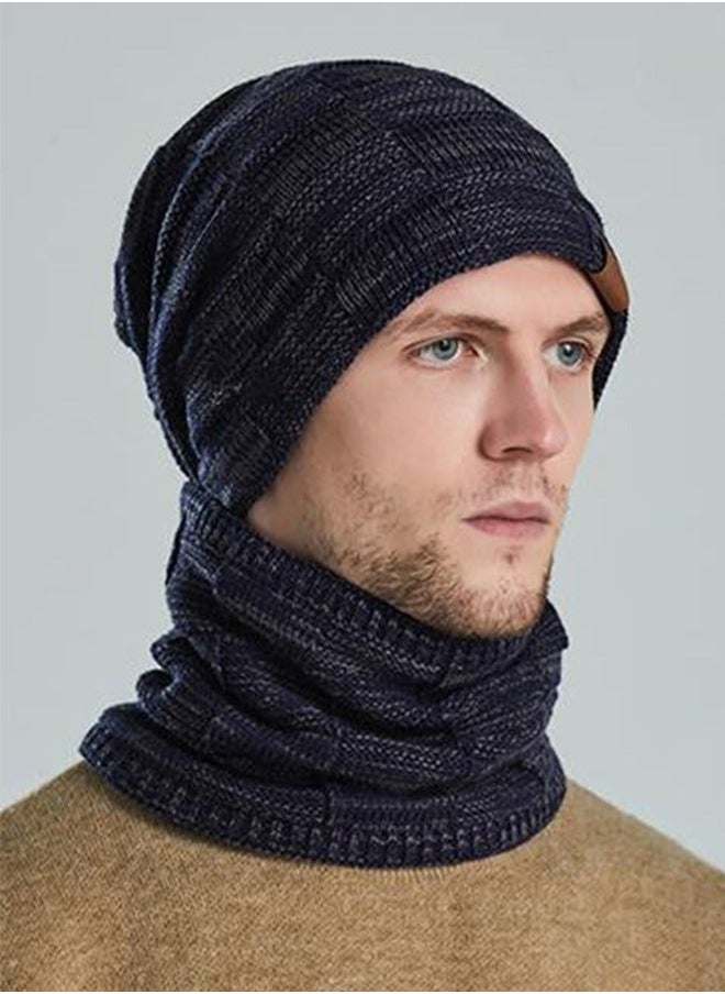 2pcs Women Mens Winter Beanie Hats Scarf Set Warm Knit Skull Cap Neck Warmer with Thick Fleece Lined Outdoor Sports Hat Sets Navy Blue