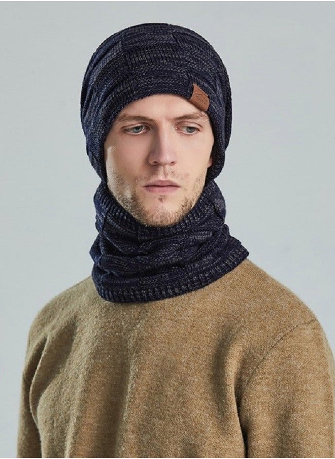 2pcs Women Mens Winter Beanie Hats Scarf Set Warm Knit Skull Cap Neck Warmer with Thick Fleece Lined Outdoor Sports Hat Sets Navy Blue