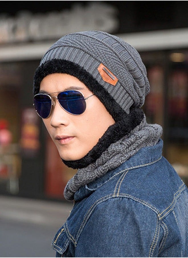 2-piece Beanie Hat Scarf Set Winter Warm Knitted and Circle Fleece Liner Skiing Neck Warmer Outdoor Sports Sets for Men Women