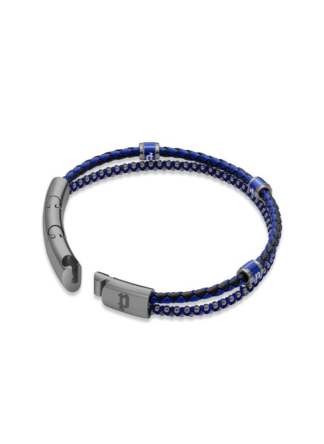 Twinrow BraceletDouble Row Ion-Plated Blue Leather and Cord with Grey-Metal P LogoBold and Iconic Men's Style