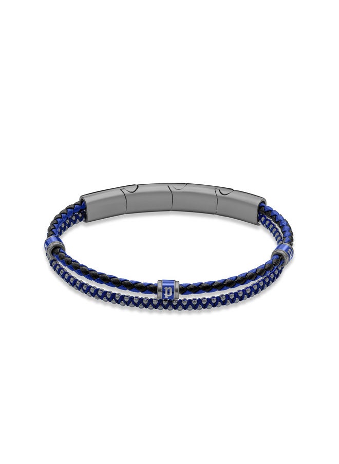 Twinrow BraceletDouble Row Ion-Plated Blue Leather and Cord with Grey-Metal P LogoBold and Iconic Men's Style