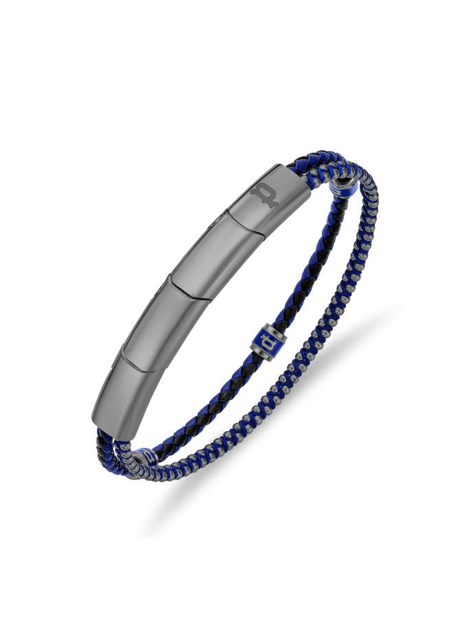 Twinrow BraceletDouble Row Ion-Plated Blue Leather and Cord with Grey-Metal P LogoBold and Iconic Men's Style