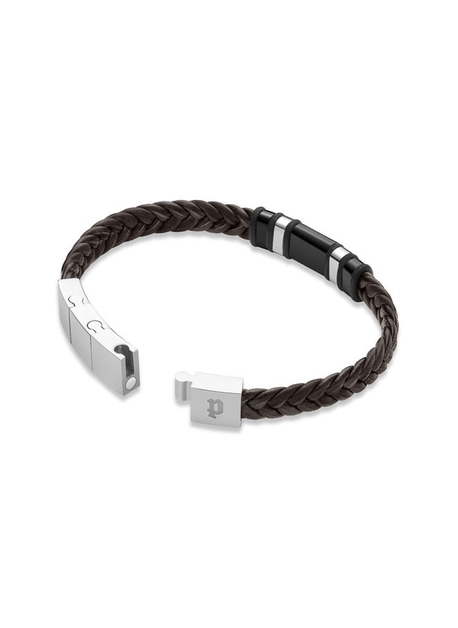 Weavebreaker BraceletBraided Brown Leather with Black Wing Logo Plaque and P Logo ClosureBold Men's Style