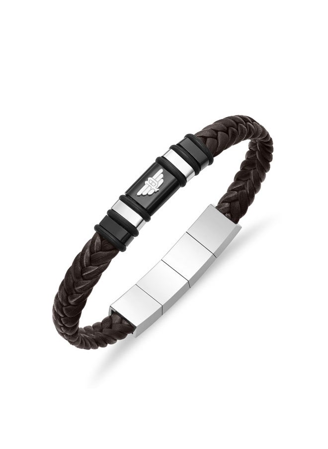 Weavebreaker BraceletBraided Brown Leather with Black Wing Logo Plaque and P Logo ClosureBold Men's Style