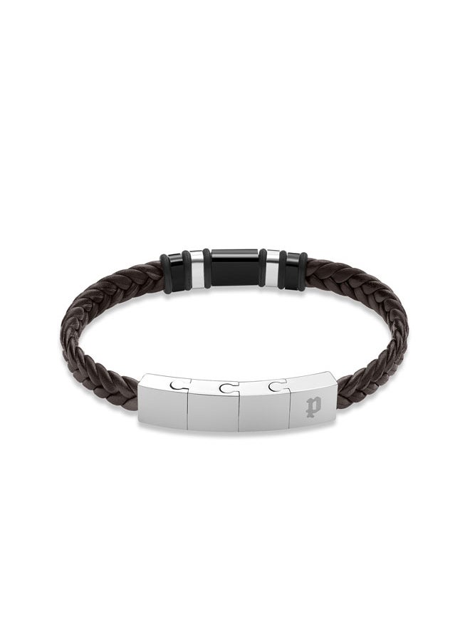 Weavebreaker BraceletBraided Brown Leather with Black Wing Logo Plaque and P Logo ClosureBold Men's Style