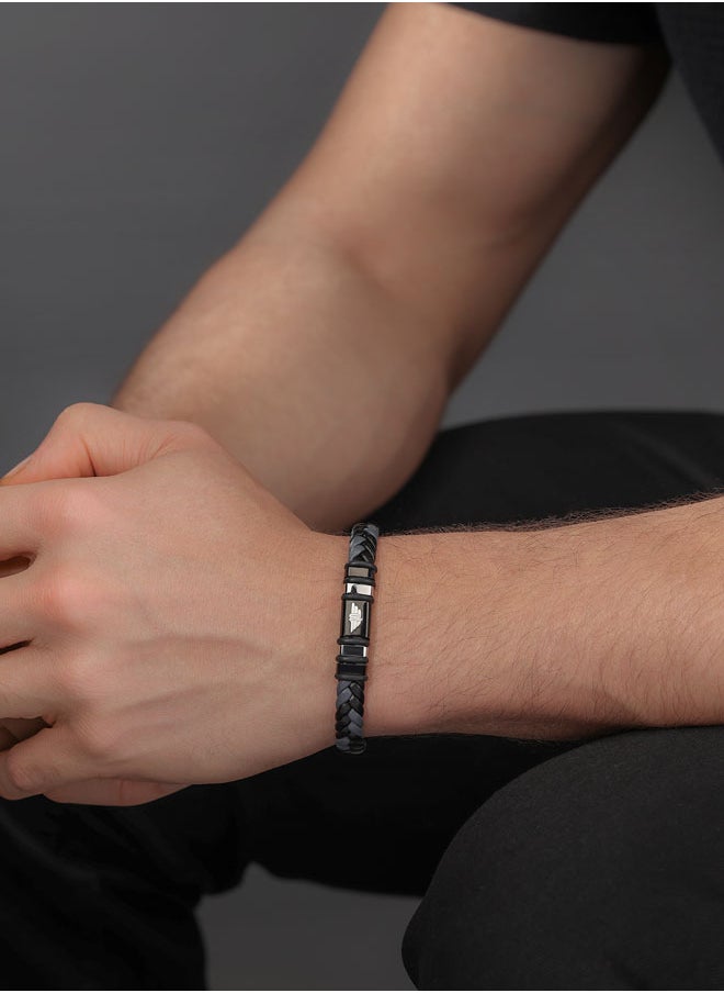 Weavebreaker BraceletDual-Color Braided Leather with Black Wing Logo Plaque and P Logo ClosureBold Men's Style