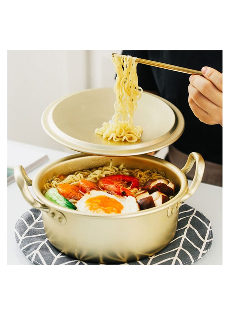 1 Set Korean Cooking Ramen Pot, with 1pair Lid Spoon and Chopsticks, Double Handle Korean Ramen Noodle Pot Korean Stockpots (6inch/ 16cm)