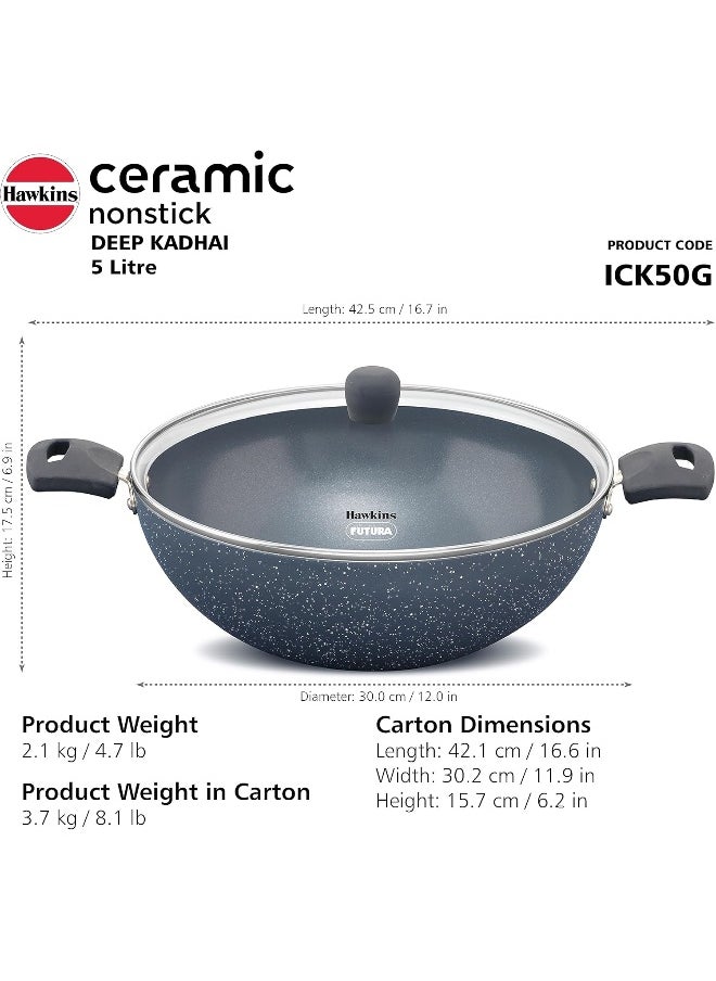 5 Liters Ceramic Aluminium Non Stick Deep Kadhai/Frying Pan With Glass Lid,Induction Compatible,Grey