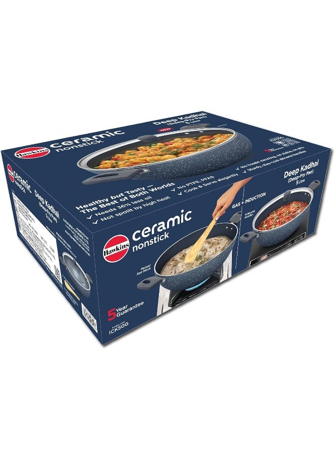 5 Liters Ceramic Aluminium Non Stick Deep Kadhai/Frying Pan With Glass Lid,Induction Compatible,Grey