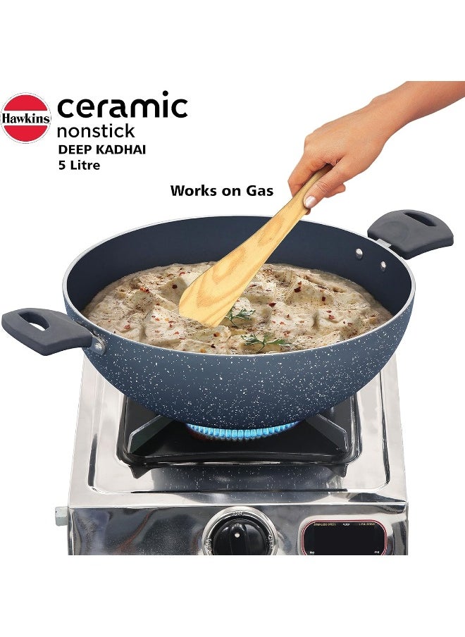 5 Liters Ceramic Aluminium Non Stick Deep Kadhai/Frying Pan With Glass Lid,Induction Compatible,Grey