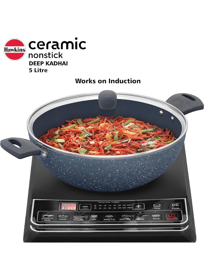 5 Liters Ceramic Aluminium Non Stick Deep Kadhai/Frying Pan With Glass Lid,Induction Compatible,Grey