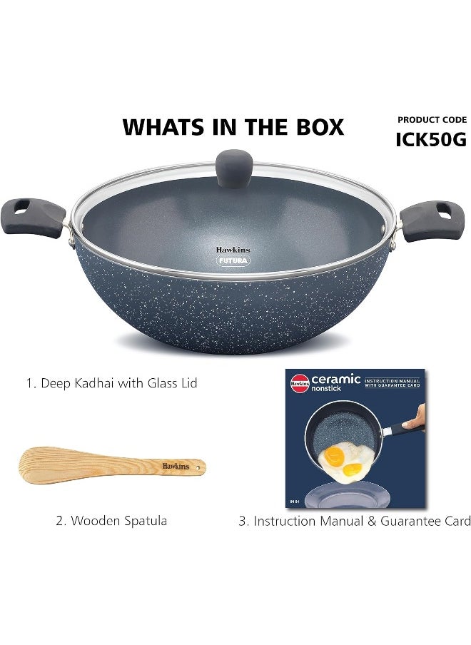 5 Liters Ceramic Aluminium Non Stick Deep Kadhai/Frying Pan With Glass Lid,Induction Compatible,Grey