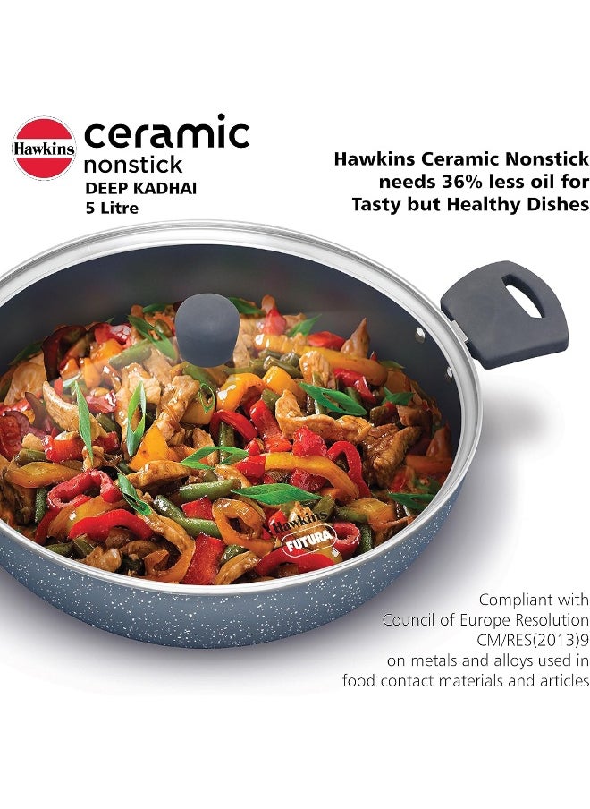 5 Liters Ceramic Aluminium Non Stick Deep Kadhai/Frying Pan With Glass Lid,Induction Compatible,Grey