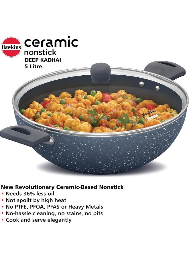 5 Liters Ceramic Aluminium Non Stick Deep Kadhai/Frying Pan With Glass Lid,Induction Compatible,Grey