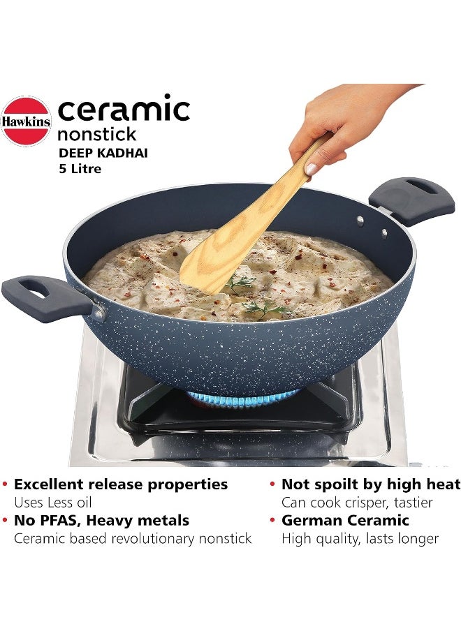 5 Liters Ceramic Aluminium Non Stick Deep Kadhai/Frying Pan With Glass Lid,Induction Compatible,Grey