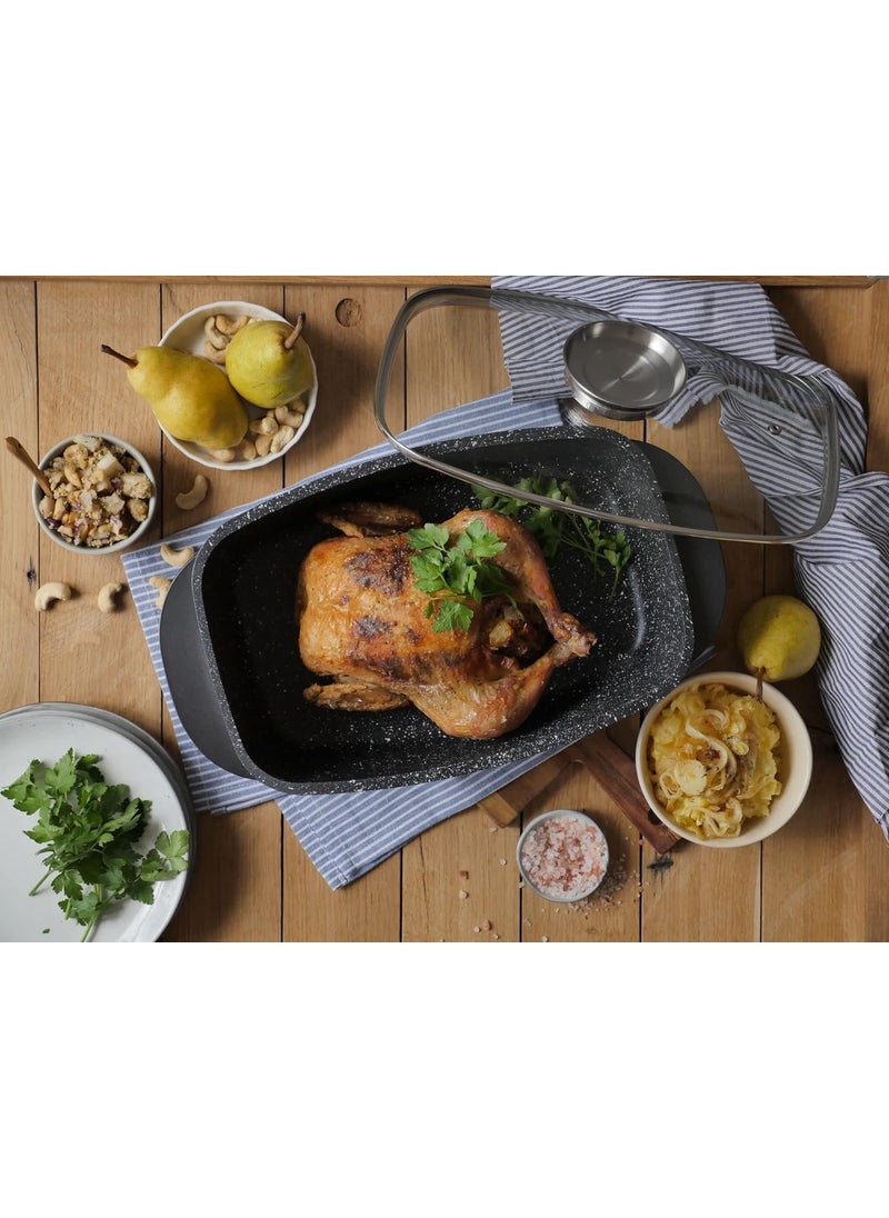 MUGATH 12 Inch Large Turkey Aluminum Roasting Pan with Lid Nonstick Roaster Oven pan with Grooved Bottom for Basting Roasting Pan for Oven Serves 15 People Dishwasher Safe