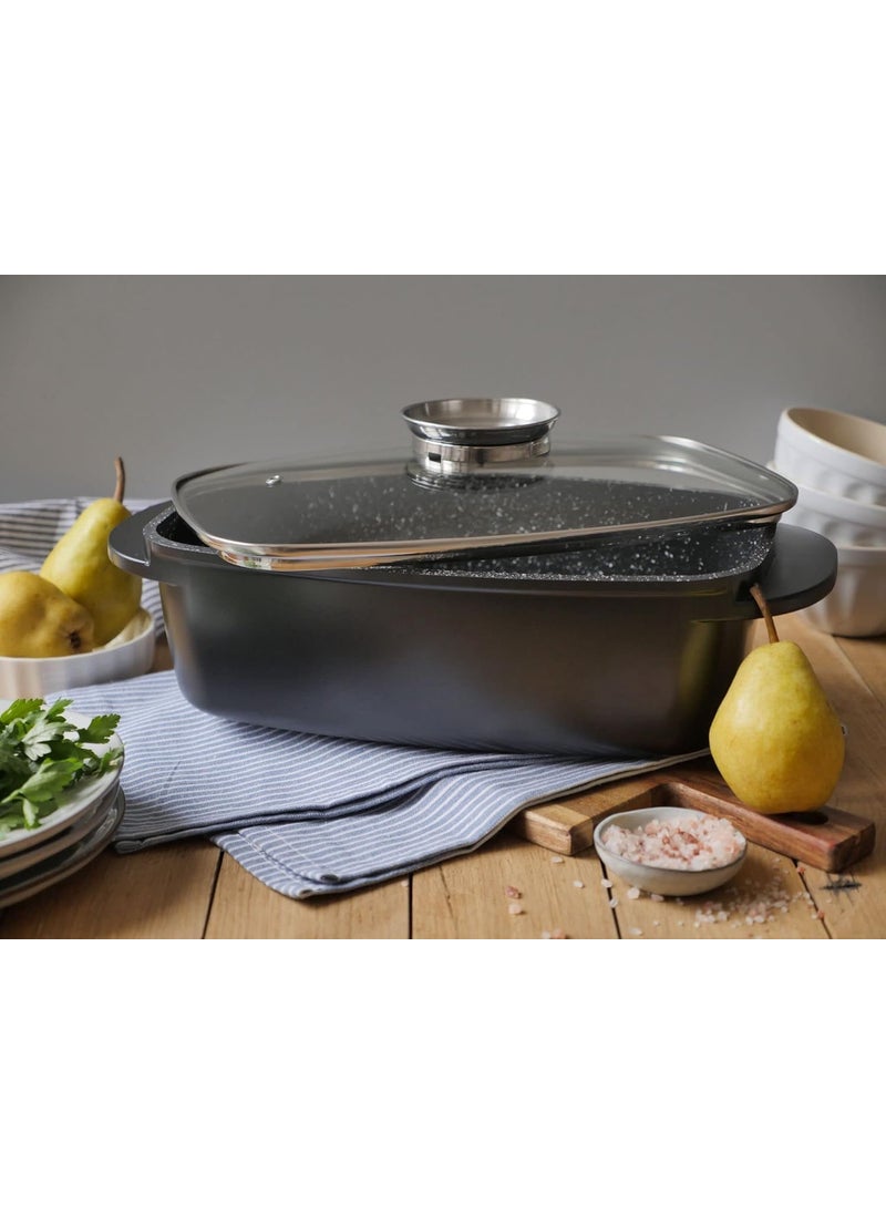 MUGATH 12 Inch Large Turkey Aluminum Roasting Pan with Lid Nonstick Roaster Oven pan with Grooved Bottom for Basting Roasting Pan for Oven Serves 15 People Dishwasher Safe