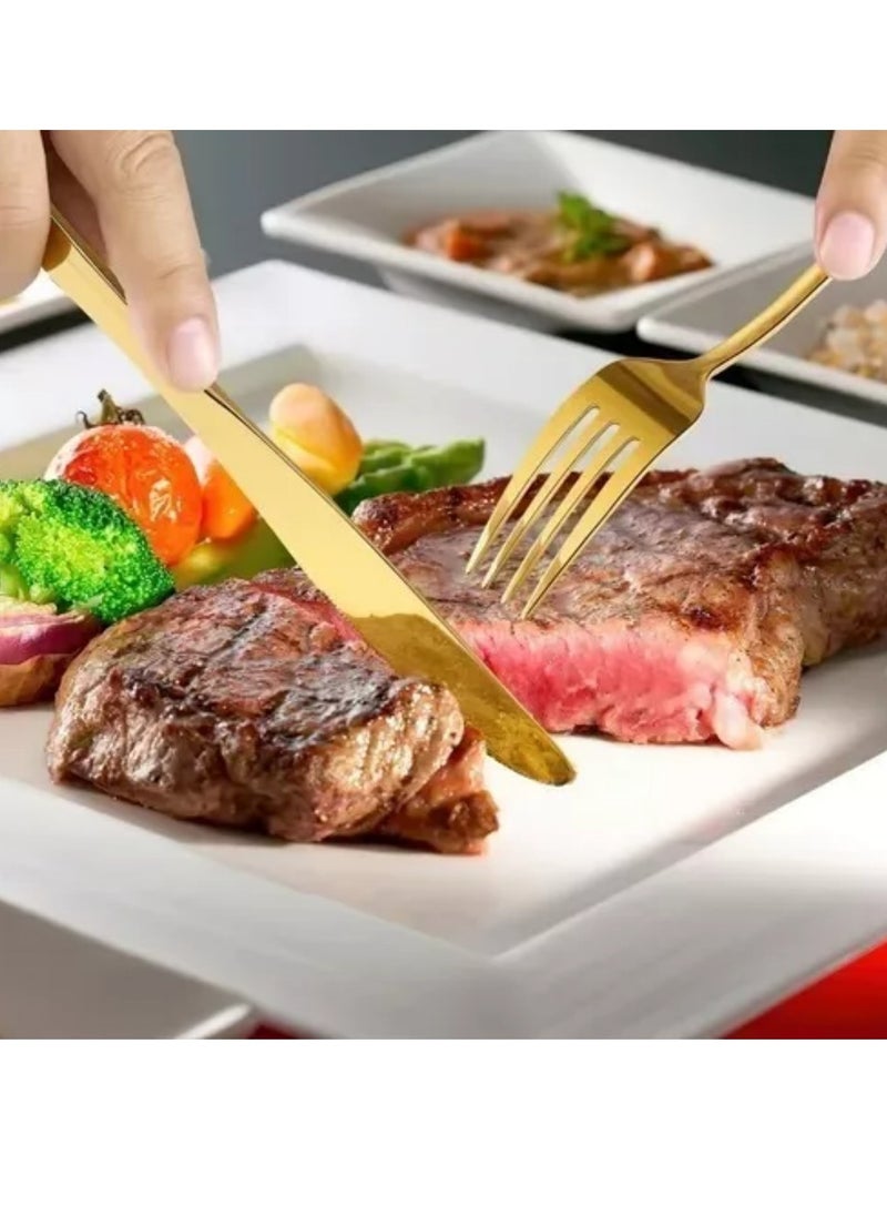 A set of 30-piece gold stainless steel tableware that can accommodate 6 people, including knives, forks, spoons, and dessert spoons, with an elegant, durable, and easy-to-clean design, perfect for a