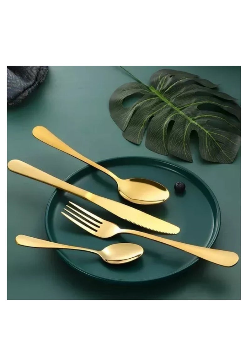 A set of 30-piece gold stainless steel tableware that can accommodate 6 people, including knives, forks, spoons, and dessert spoons, with an elegant, durable, and easy-to-clean design, perfect for a