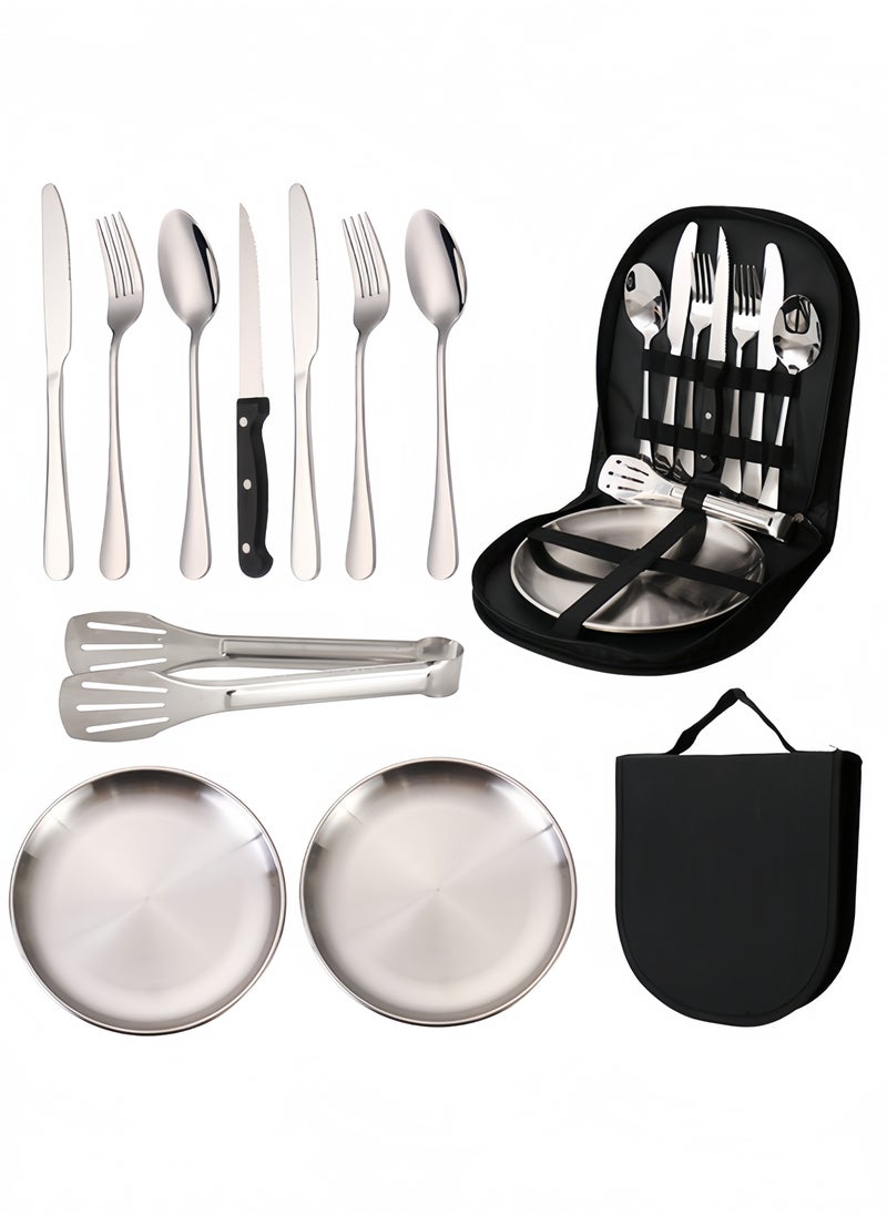 11-piece camping silverware set with portable storage bag, 2-person stainless steel cutlery set for camp kitchen barbecue
