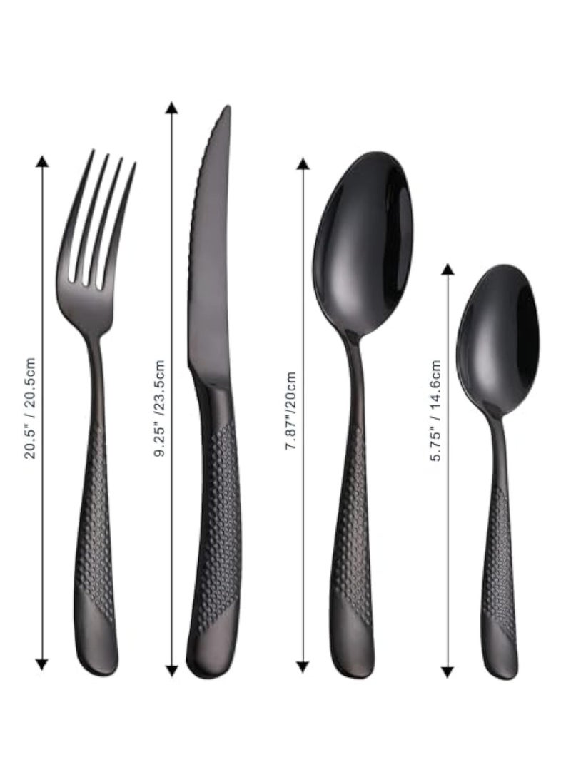 Hammered Silverware Set, 4-Piece Modern Black 18/10 Stainless Steel Flatware Set with Forks Spoons and Knives, Unique Metal Cutlery Sets for Home Restaurant, Mirror Polished & Dishwasher Safe