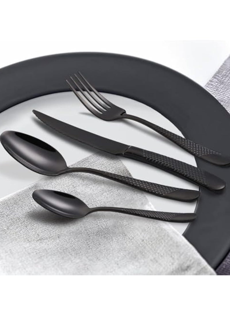 Hammered Silverware Set, 4-Piece Modern Black 18/10 Stainless Steel Flatware Set with Forks Spoons and Knives, Unique Metal Cutlery Sets for Home Restaurant, Mirror Polished & Dishwasher Safe